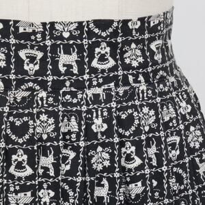 Vintage 1950s Folk Print Black and White Cotton Midi Skirt XS
